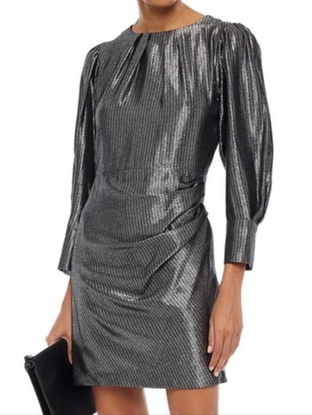 Maje Ralery Metallic Silver Lamé Draped Long Sleeve Mini Cocktail Dress 38 NYE